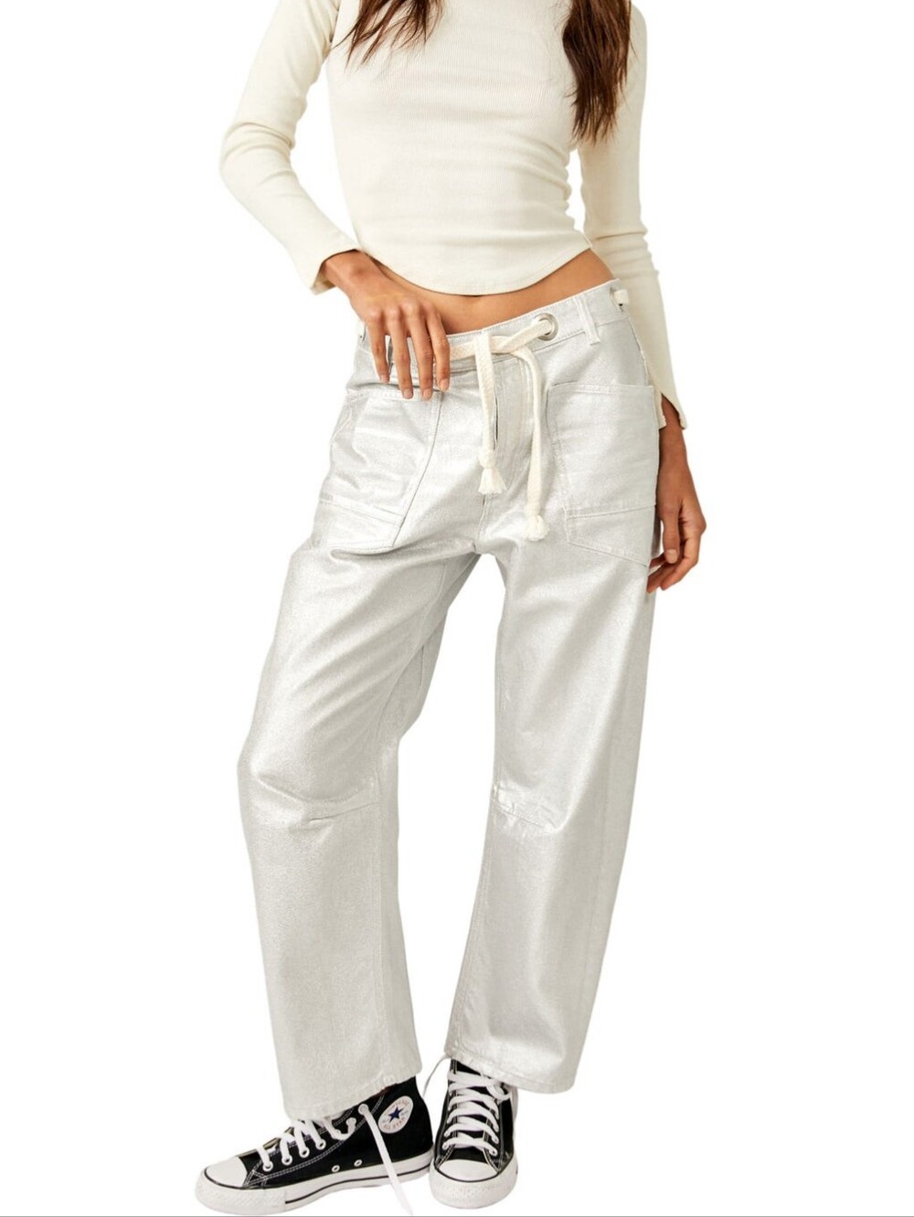 We The Free Silver Metallic Coated Moxie Low Slung Pull On Barrel Jeans Size 26
